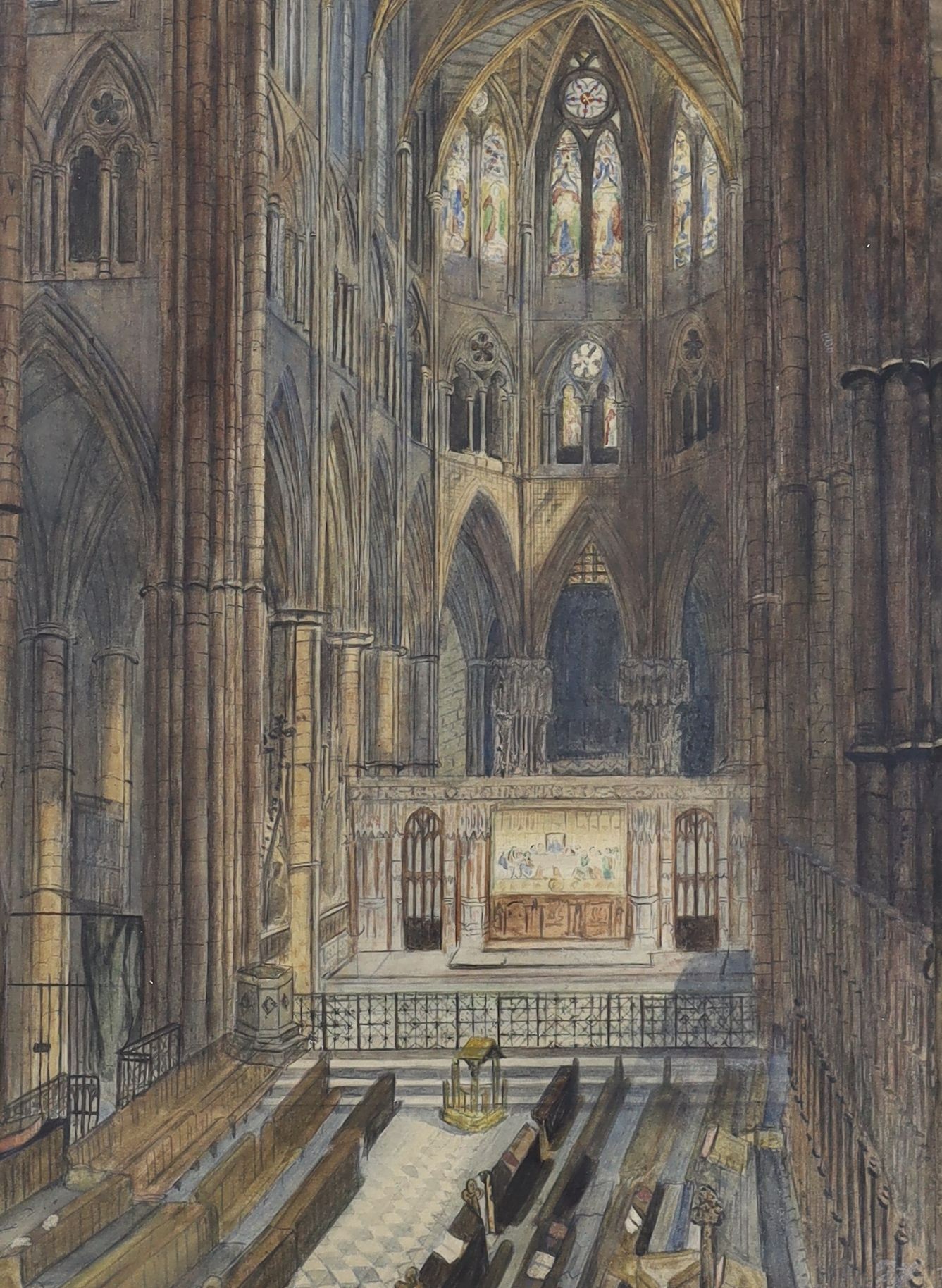 SL (19th C.), watercolour, Interior of Westminster Abbey from the old organ screen, c.1865, monogrammed, 58 x 42cm